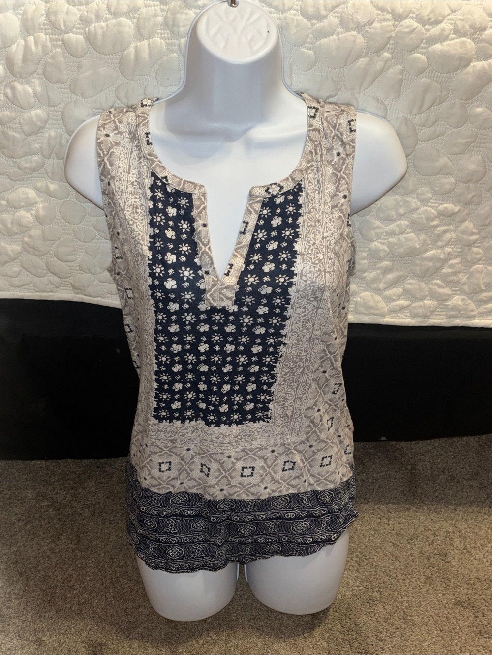 Lucky Brand Navy and Cream Printed Split-Neck Camisole